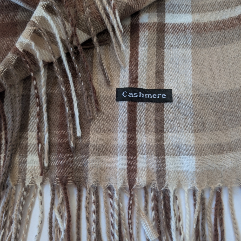 Cashmere Plaid Fringe Scarf - Brown Tan and Cream 27" x 64" Soft Cozy